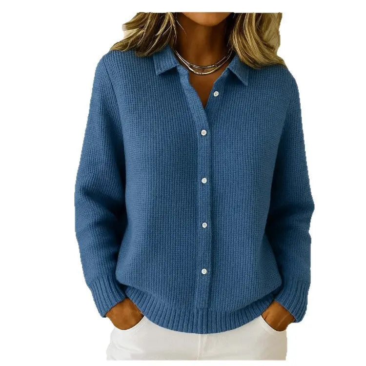 Sky blue women's casual knitted sweater with button lapel and long sleeves, suitable for winter, from Dropshipman.