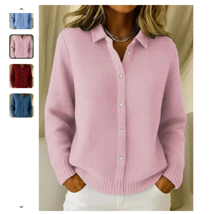 Sky blue women's casual button knitted sweater with lapel collar, long sleeves, perfect for winter, by Dropshipman.