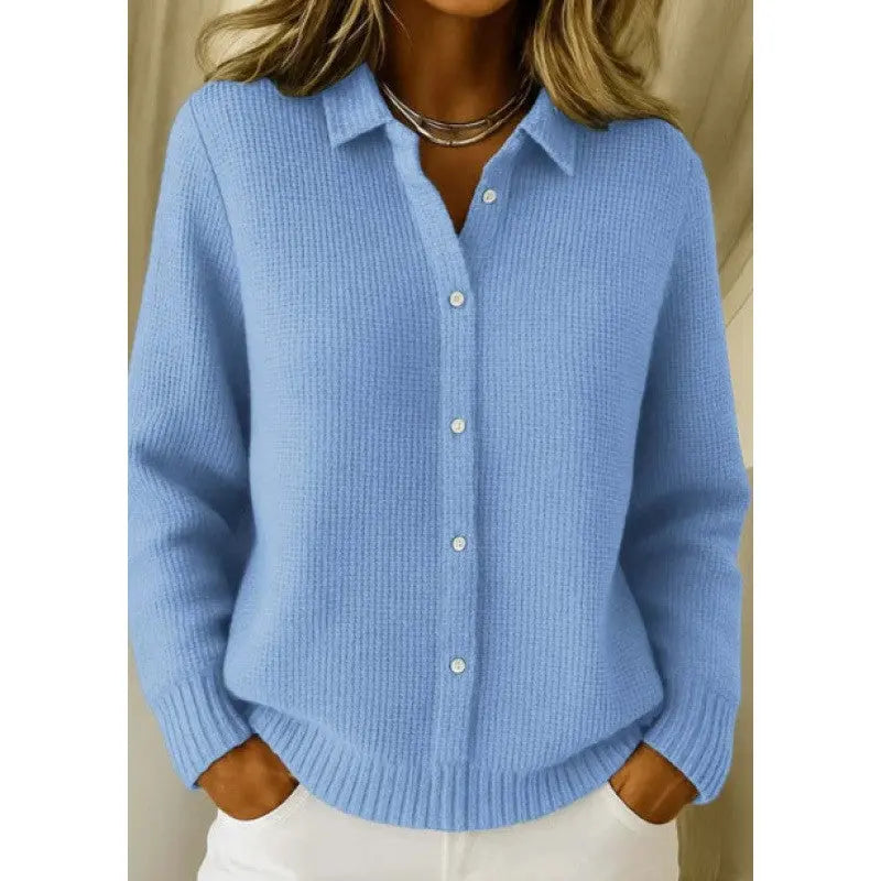 Sky blue women's casual button knitted lapel sweater with long sleeves, perfect for winter, from Dropshipman.
