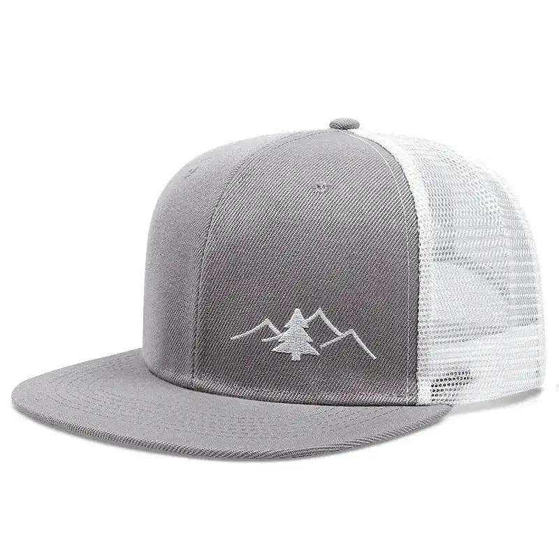 Men's outdoor trucker baseball cap with embroidered design, adjustable strap, and breathable mesh for outdoor activities.