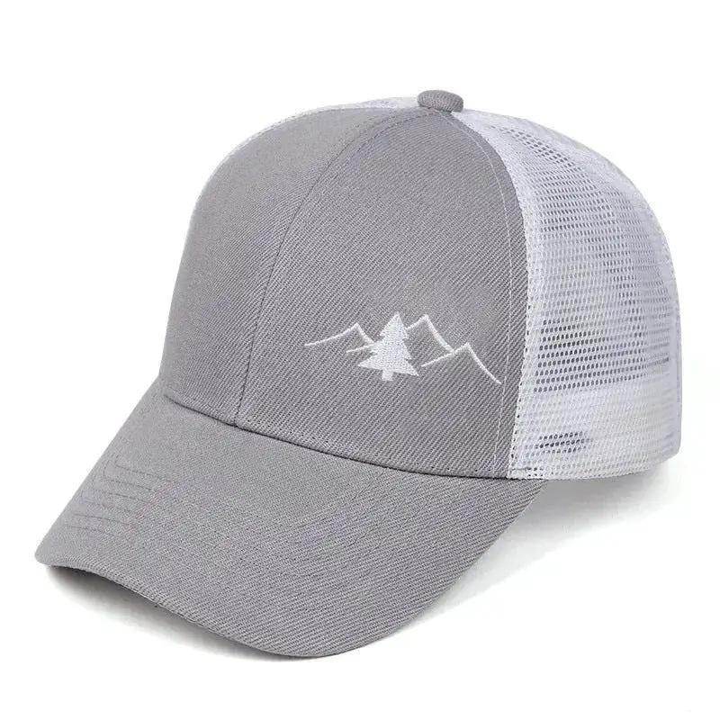 Adjustable outdoor men's trucker baseball cap with embroidered design, featuring a curved brim and breathable mesh panels.