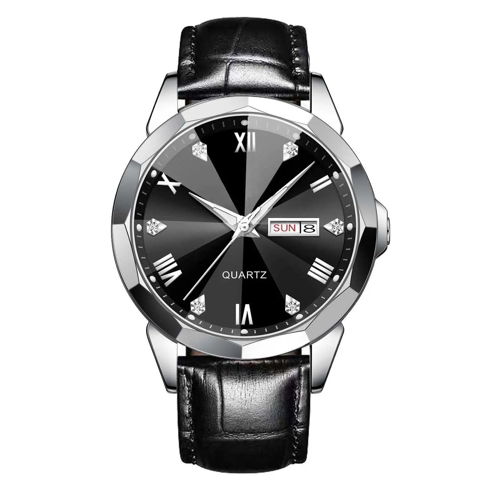 Dropshipman men's business watch with double calendar, black surface, high-grade quartz movement, elegant and professional design.