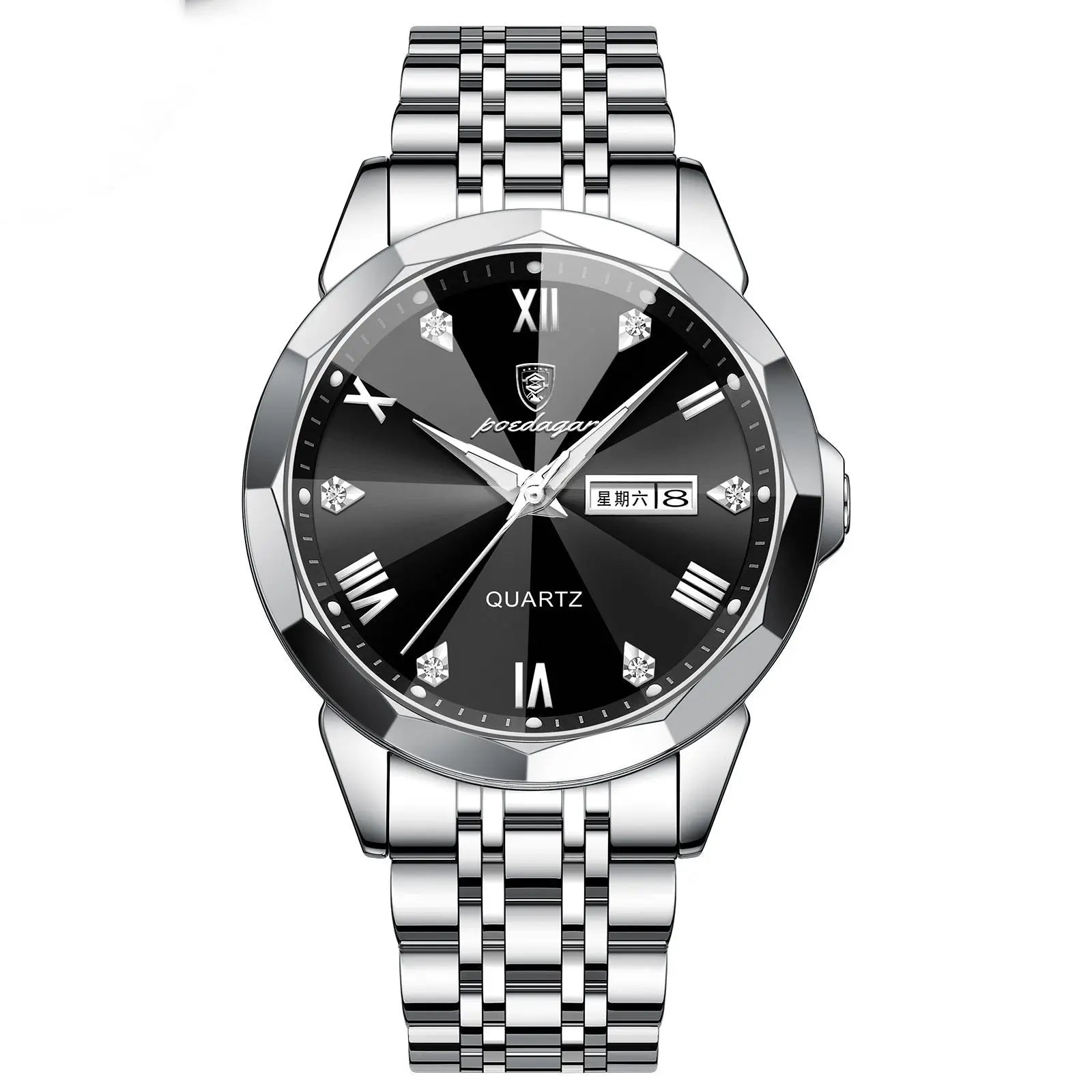 Business men's black quartz watch with double calendar display and high-grade finish, featuring a sleek black strap.