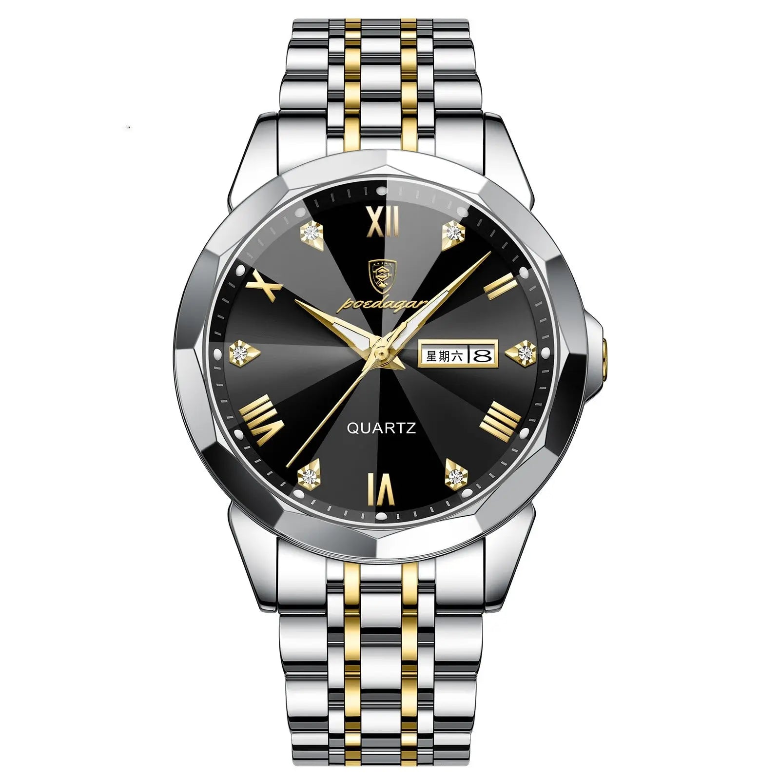 Dropshipman men's business watch with black strap, double calendar display, high-grade quartz movement, sleek and professional design.