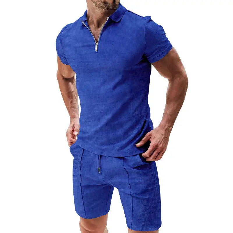 Dropshipman men's white casual waffle short-sleeve top and drawstring shorts set with zipper lapel, versatile solid color summer outfit.