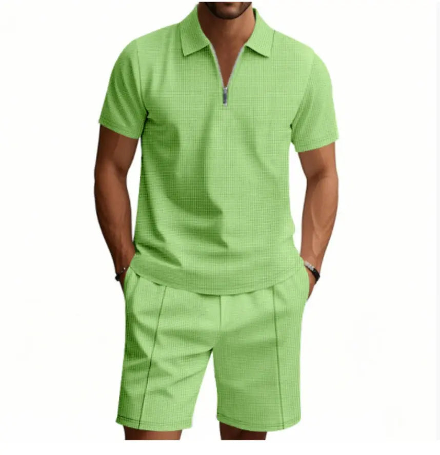 Dropshipman men's casual waffle suit set with white short-sleeved zip-up top and drawstring pocket shorts, versatile summer outfit