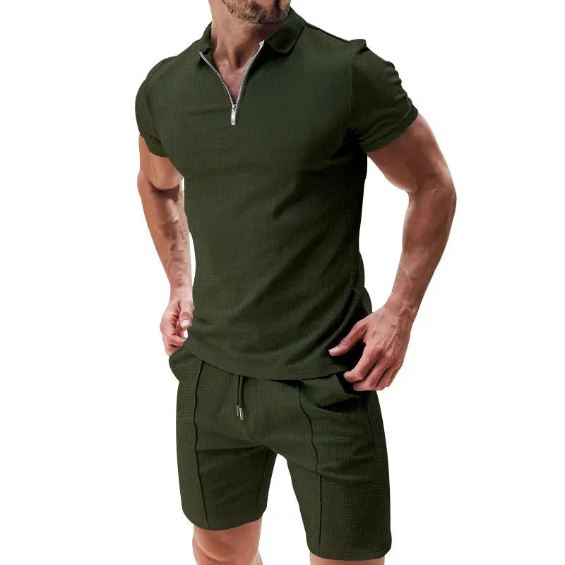 Dropshipman men's casual waffle suit set with white short-sleeved zipper lapel top and drawstring pocket shorts, versatile summer outfit.