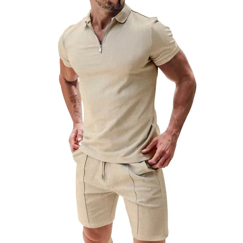 Dropshipman 2-piece men's casual waffle suit set with short-sleeved zipper lapel top and drawstring pocket shorts in solid white.