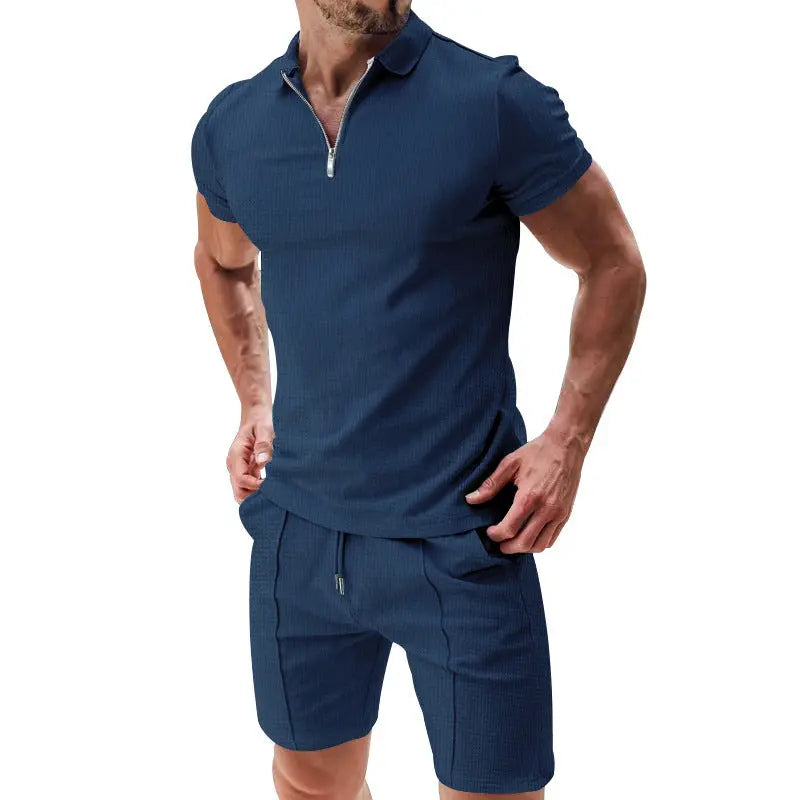 Dropshipman men's casual white waffle suit set with short-sleeved zipper lapel top and drawstring shorts, versatile summer outfit.