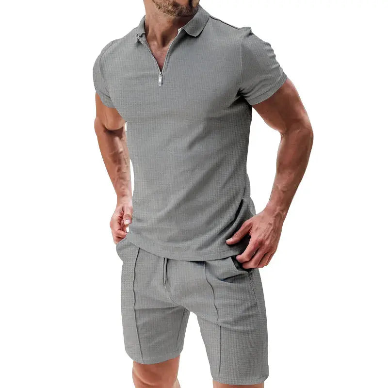 Dropshipman men's casual white waffle T-shirt set with short sleeves, zipper lapel top, and drawstring shorts for summer wear.