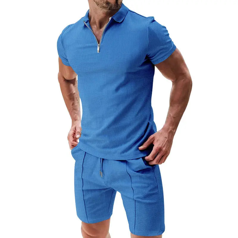 Dropshipman men's casual waffle suit set with white short-sleeved zip-up top and drawstring pocket shorts, versatile summer clothing