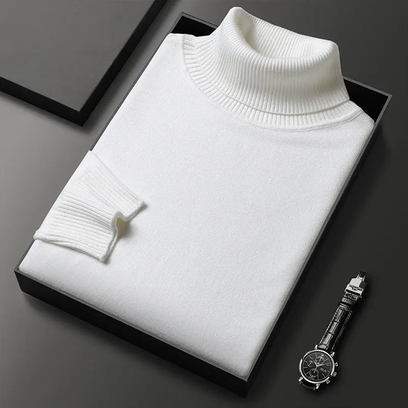 White slim-fit turtleneck sweater for young and middle-aged men, solid color pullover by Dropshipman.
