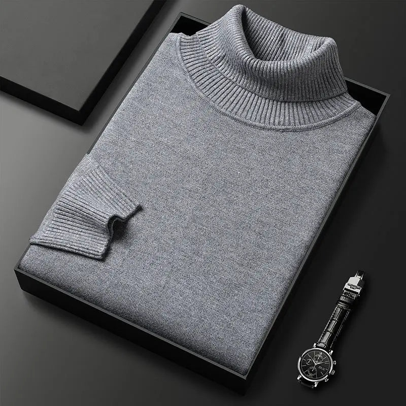 White slim-fit turtleneck pullover sweater by Dropshipman, designed for young and middle-aged men, featuring a solid color and sleek style.