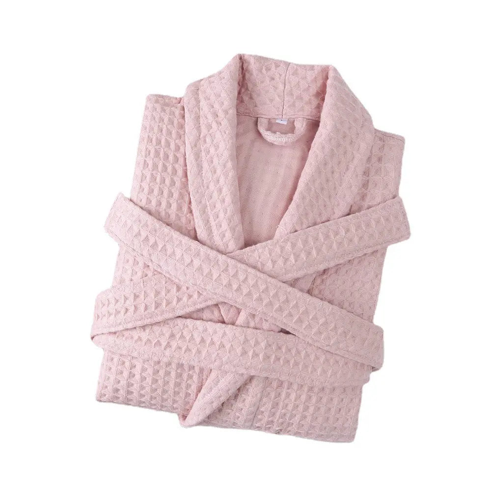 White cotton double waffle unisex long robe with thickened fabric, featuring a cozy, relaxed fit perfect for loungewear.