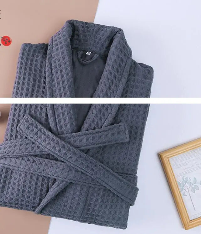 White cotton double waffle unisex long robe with thickened fabric and relaxed fit, ideal for cozy loungewear or casual wear.