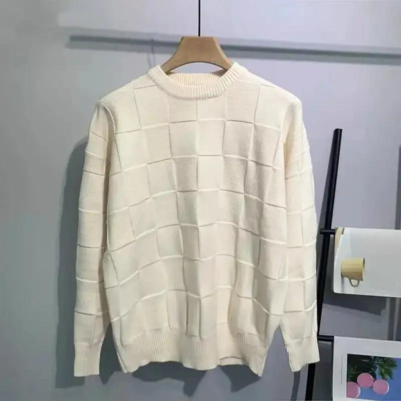 Laid-back Solid-color Checkerboard Knit Sweater by Dropshipman