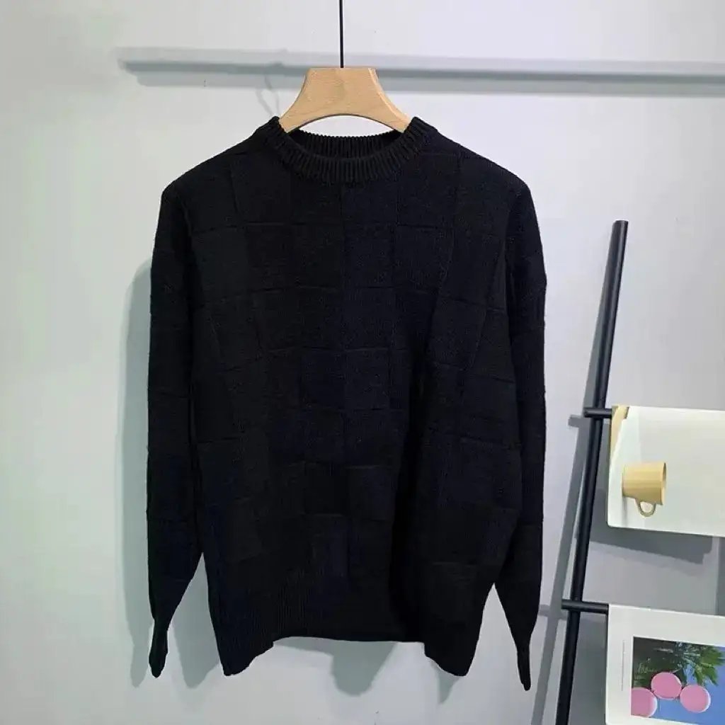 Laid-back Solid-color Checkerboard Knit Sweater by Dropshipman