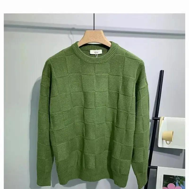 Laid-back Solid-color Checkerboard Knit Sweater by Dropshipman