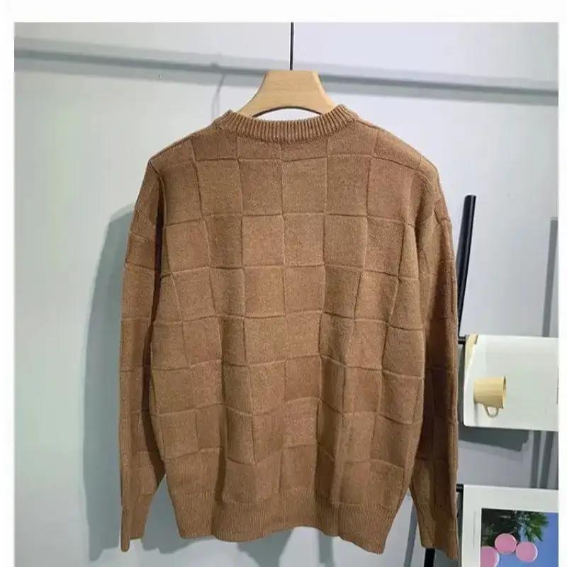 Laid-back Solid-color Checkerboard Knit Sweater by Dropshipman