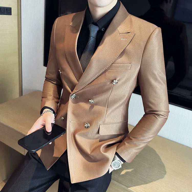 Mens white casual double-breasted jacket by Dropshipman, shown on a hanger with front view, featuring classic lapels and button details.
