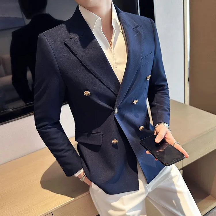 Mens white casual double-breasted jacket by Dropshipman, shown on a hanger with front view and lapel details.