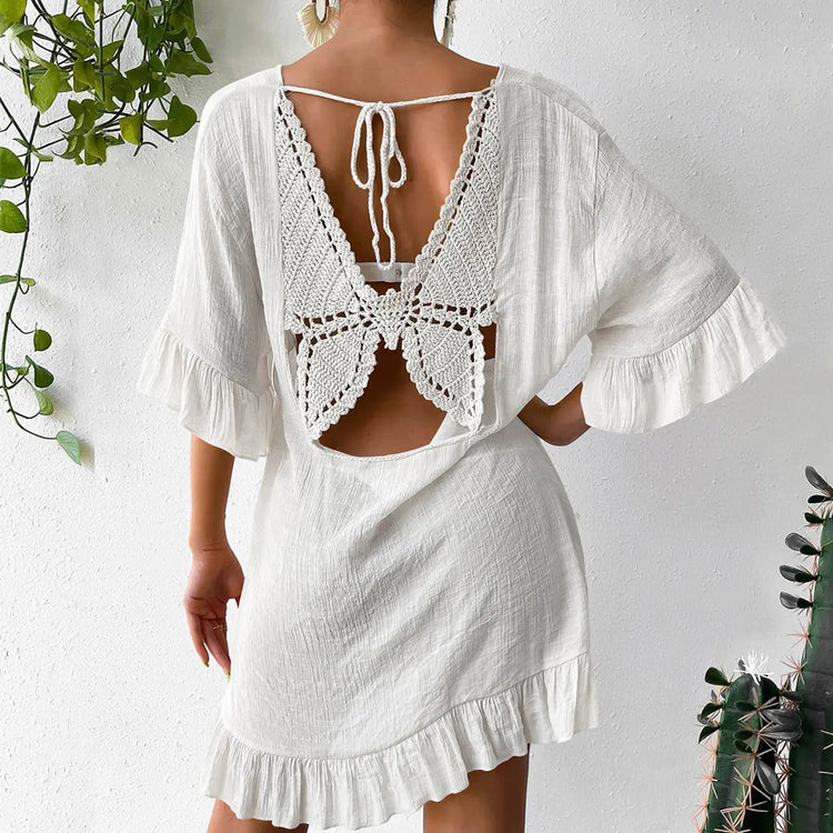 White V-neck beach cover-up dress with flare sleeves and butterfly print by Dropshipman, perfect for seaside outings.