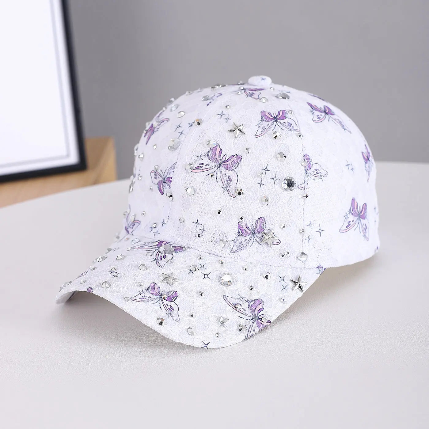 White and pink lady's lace butterfly silver diamond star accessory with a street style baseball cap, perfect for outdoor and casual wear.
