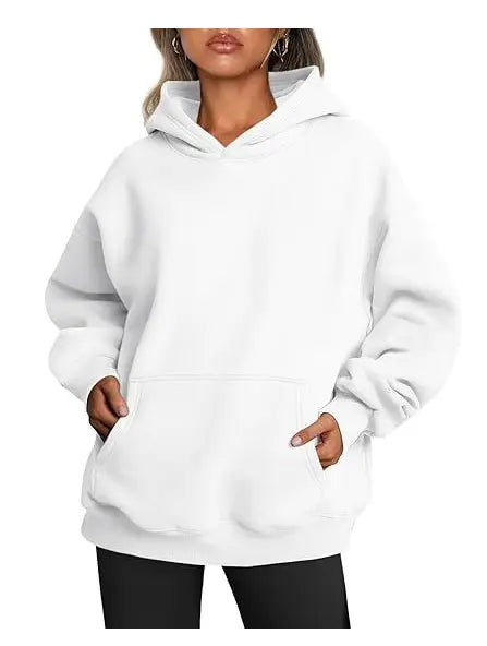 White women's solid color hoodie from Dropshipman, loose-fit casual athletic sweatshirt for ladies.