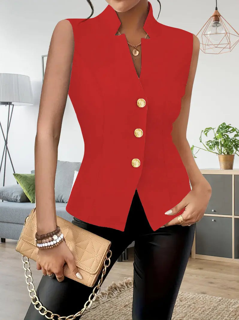 White casual sleeveless blazer vest with three buttons, from Dropshipman, featuring a solid color and tailored fit.