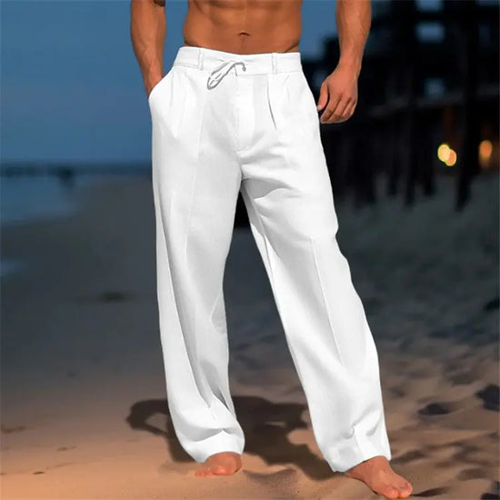 White casual wide-leg straight pants for men with pockets and drawstring waist, stylish and comfortable Dropshipman trousers.