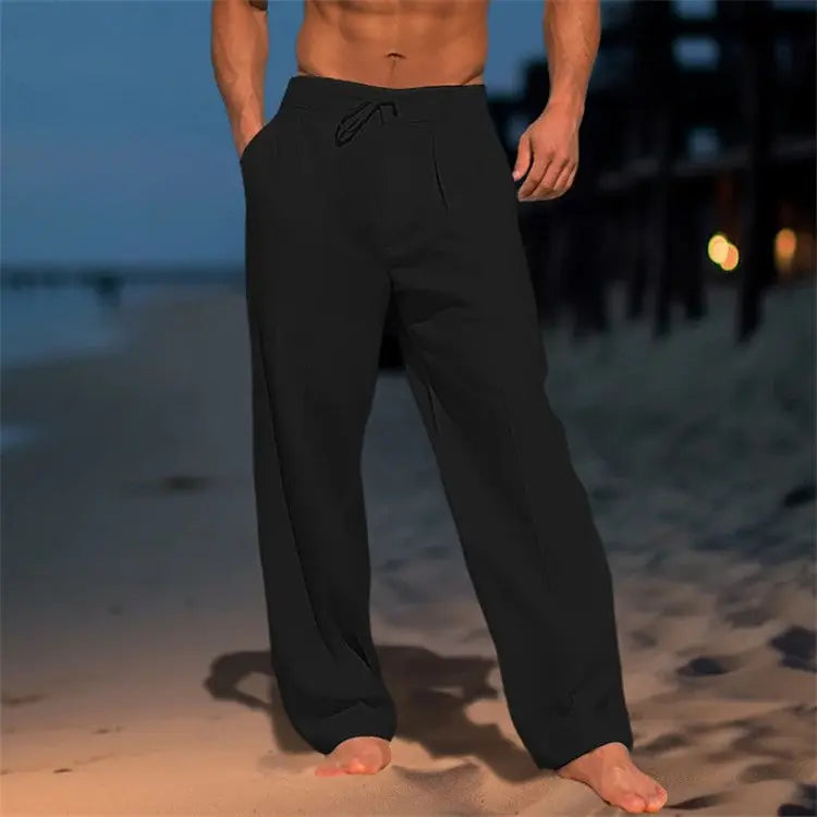 White casual wide-leg straight pants with pockets and drawstring for men, stylish and comfortable Dropshipman trousers.