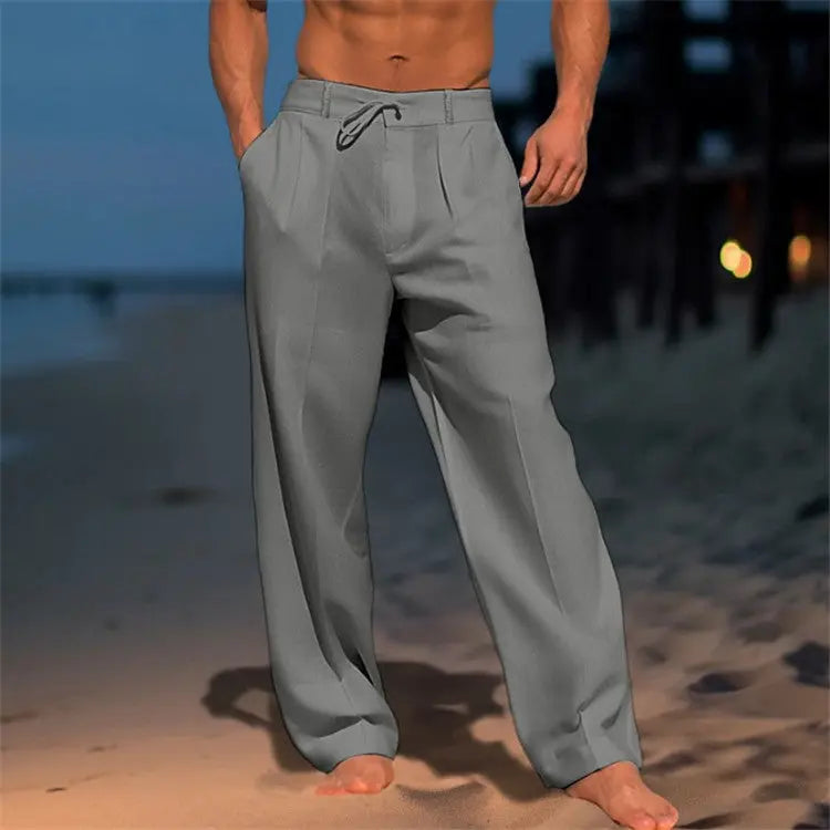 White casual wide-leg straight pants for men with pockets and drawstring waist, stylish men&