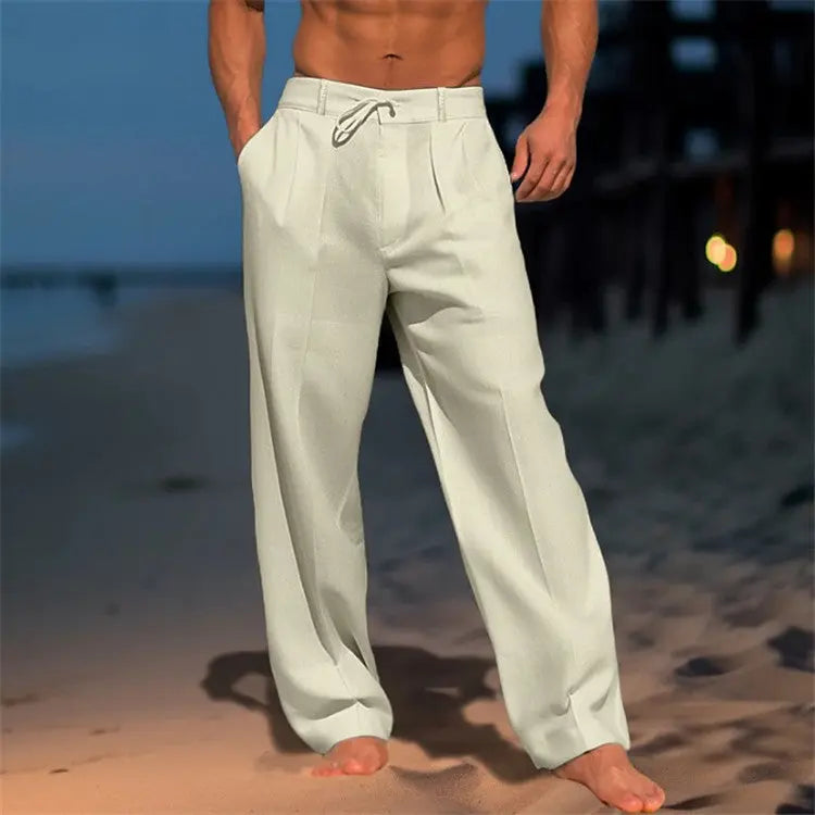 White casual wide-leg straight pants with pockets and drawstring for men, stylish and comfortable fashion trousers by Dropshipman.