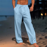 White casual wide-leg straight pants for men with pockets and drawstring waist by Dropshipman, stylish men&