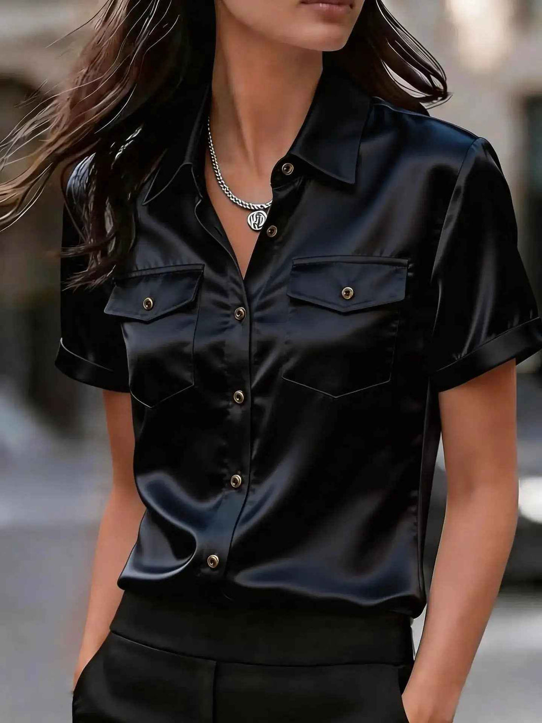 Elegant, Sophisticated Satin Short-sleeve Blouse With Double Pockets