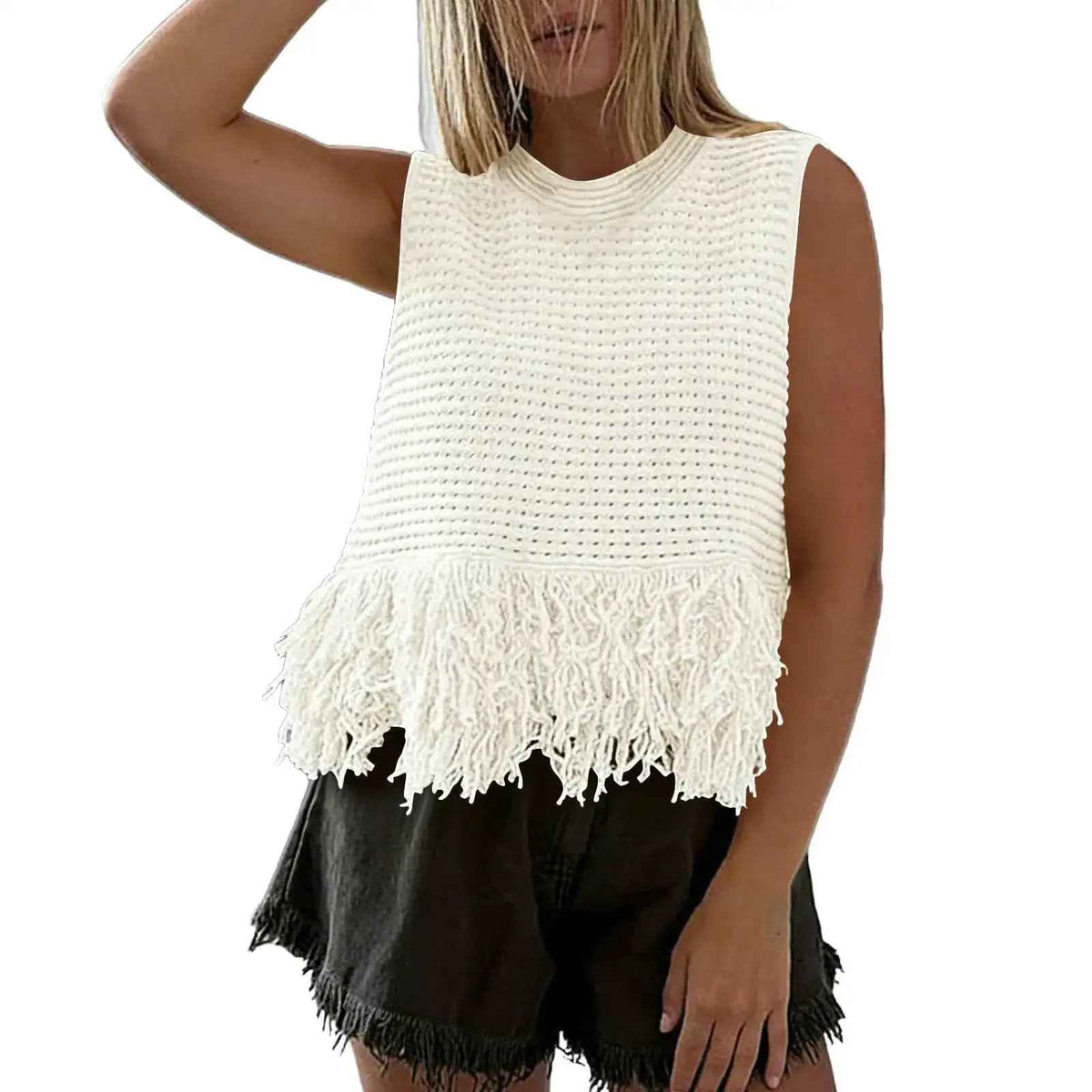 European And American Style Heavy Industry Tassel Hem Knitted Vest Solid Color Round Neck Sleeveless Outerwear Casual Versatile Short Top