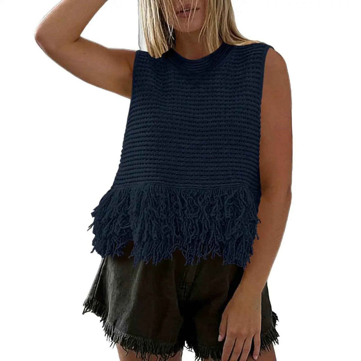European And American Style Heavy Industry Tassel Hem Knitted Vest Solid Color Round Neck Sleeveless Outerwear Casual Versatile Short Top