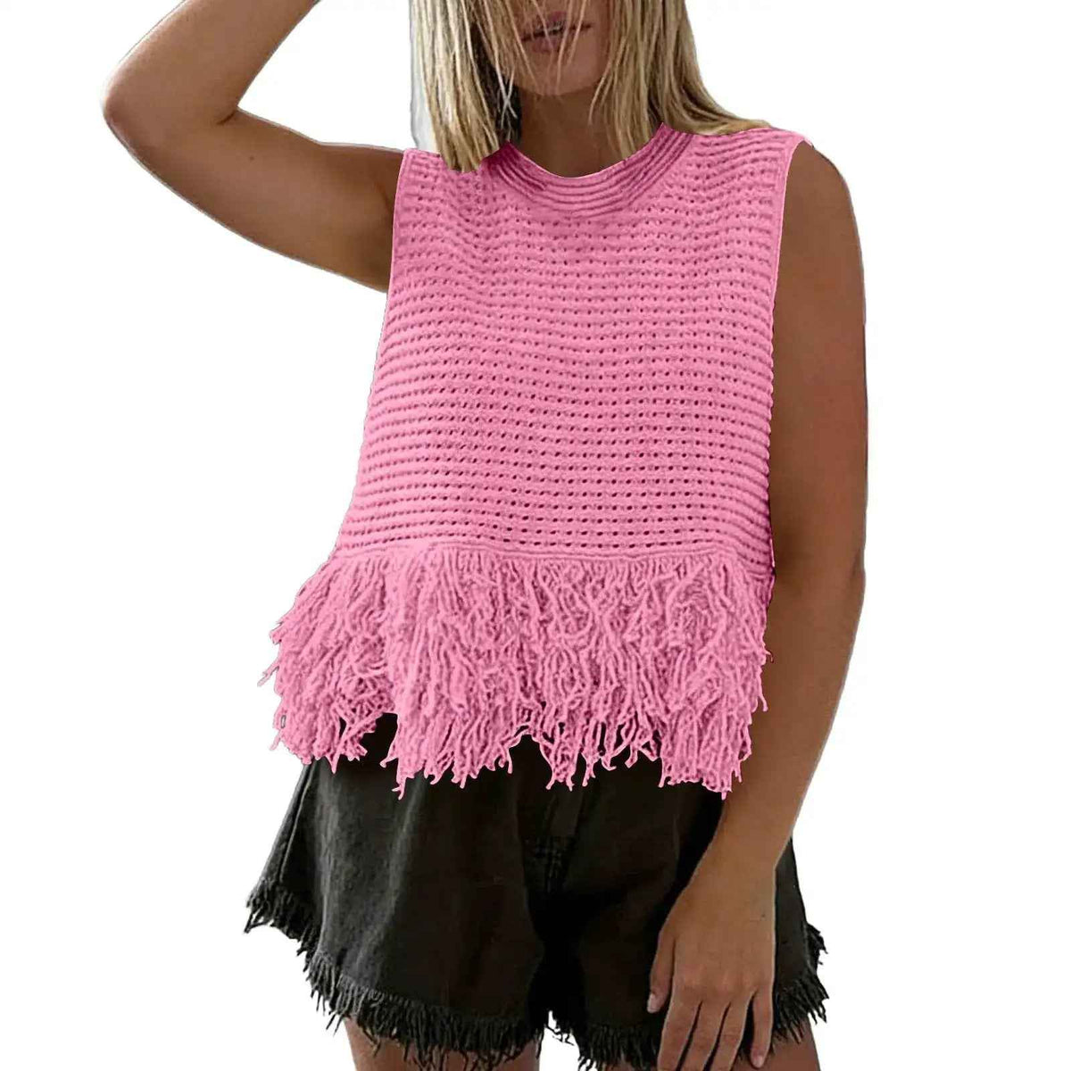 European And American Style Heavy Industry Tassel Hem Knitted Vest Solid Color Round Neck Sleeveless Outerwear Casual Versatile Short Top