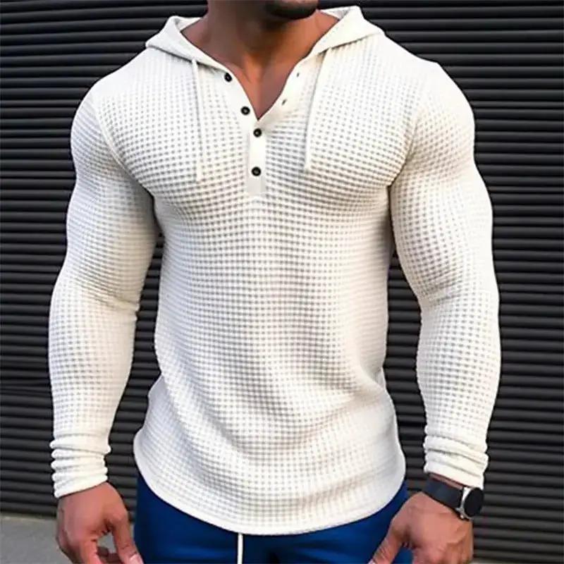 Men's white pullover casual long sleeve T-shirt by Dropshipman, solid color waffle-knit slim fit streetwear top for outdoor wear.