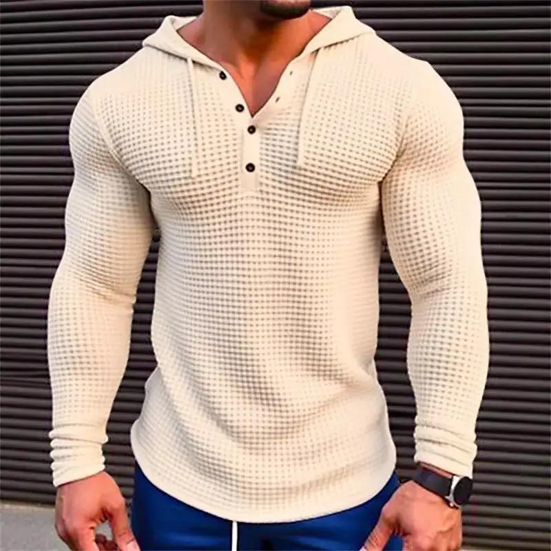 Men's white pullover long sleeve T-shirt by Dropshipman, casual waffle-knit slim fit sweatshirt, comfortable outdoor streetwear.