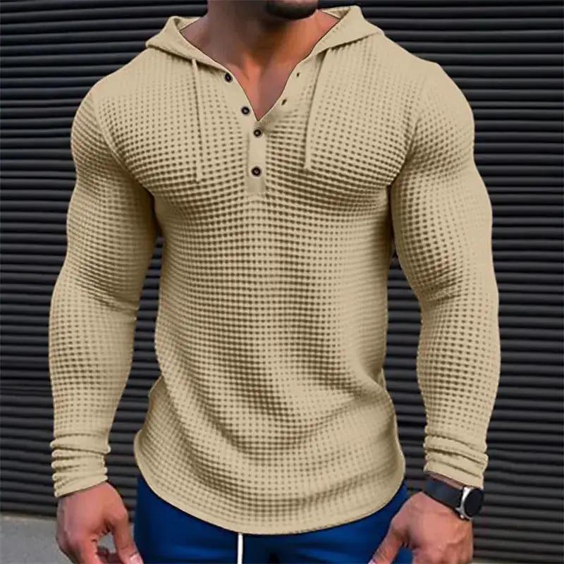 Men's white casual long sleeve pullover T-shirt by Dropshipman, slim fit waffle knit streetwear top in solid color, comfortable fit.