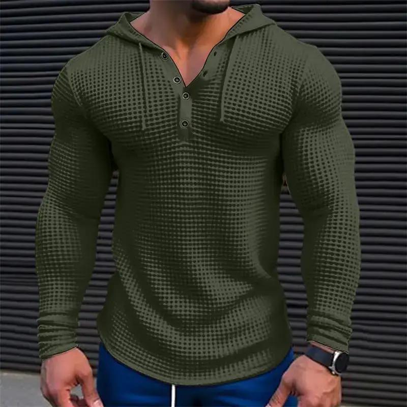 Men's white casual long sleeve pullover T-shirt by Dropshipman with waffle-knit texture, slim fit, and solid color outdoor streetwear.