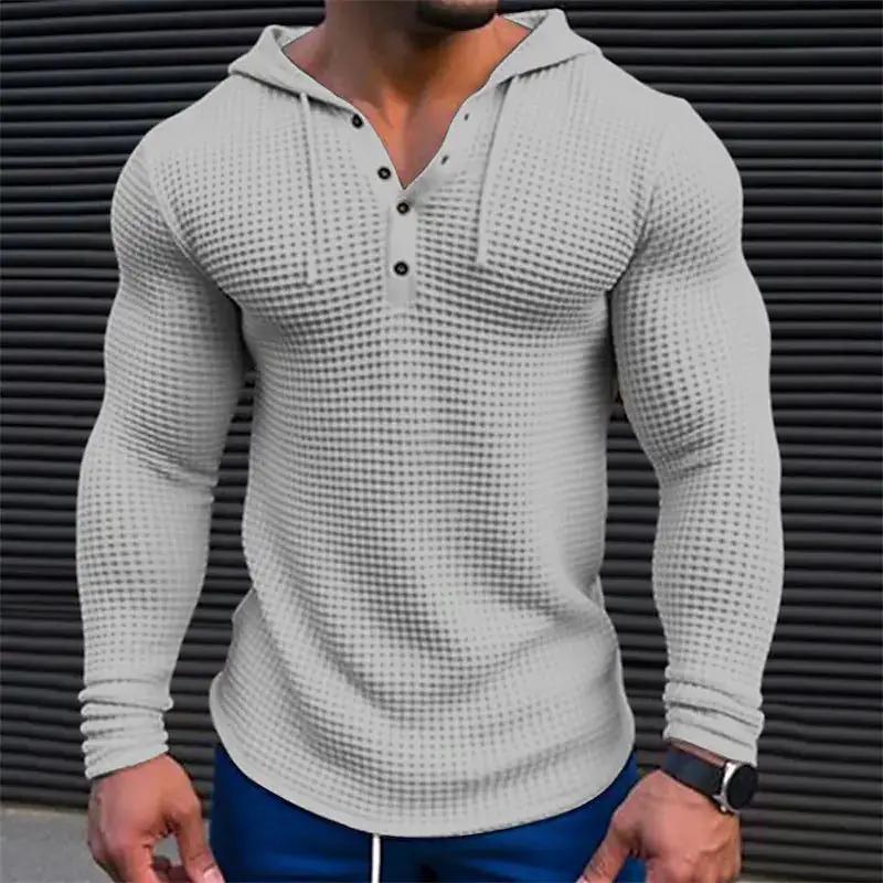 Men's white casual long sleeve pullover T-shirt by Dropshipman, slim fit waffle-knit indoor and outdoor streetwear style.