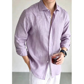 Mens navy blue linen casual shirt by Dropshipman, showing a stylish, comfortable fit with a button-up design and collar.