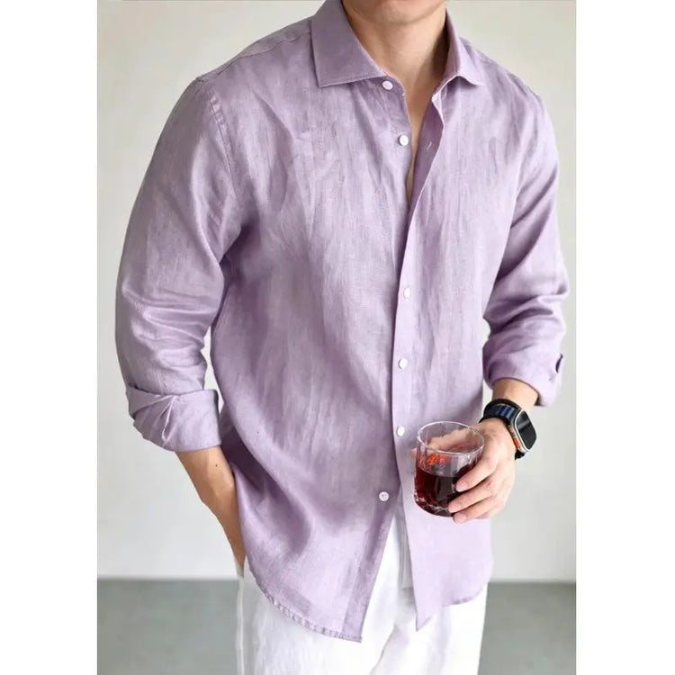 Mens navy blue linen casual shirt by Dropshipman, showing a stylish, comfortable fit with a button-up design and collar.