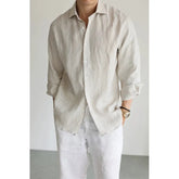 Mens navy blue linen casual shirt by Dropshipman, featuring a stylish, comfortable fit and classic design for everyday wear.
