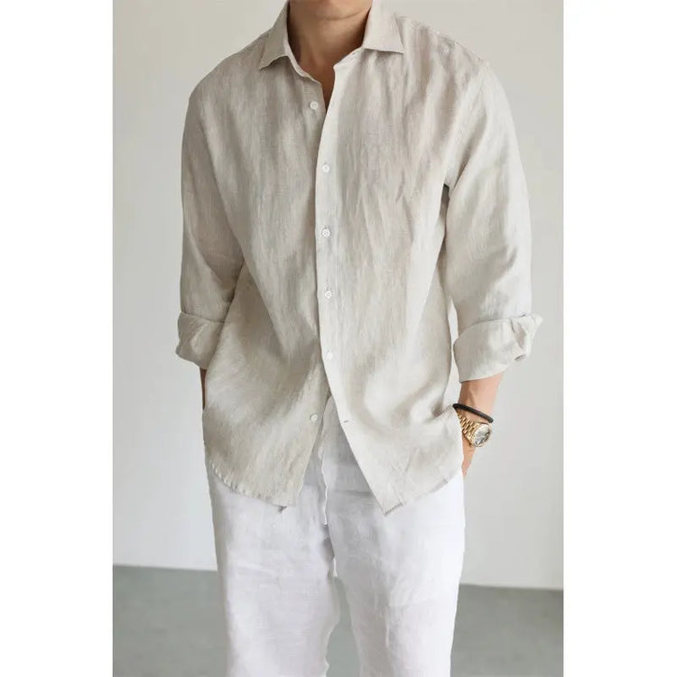 Mens navy blue linen casual shirt by Dropshipman, featuring a stylish, comfortable fit and classic design for everyday wear.