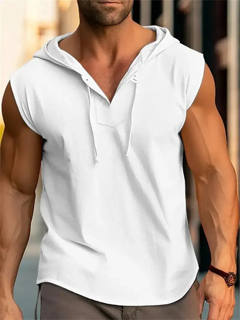 White men's sleeveless fitness sports vest with drawstring hood, ideal for active workouts and casual sportswear.