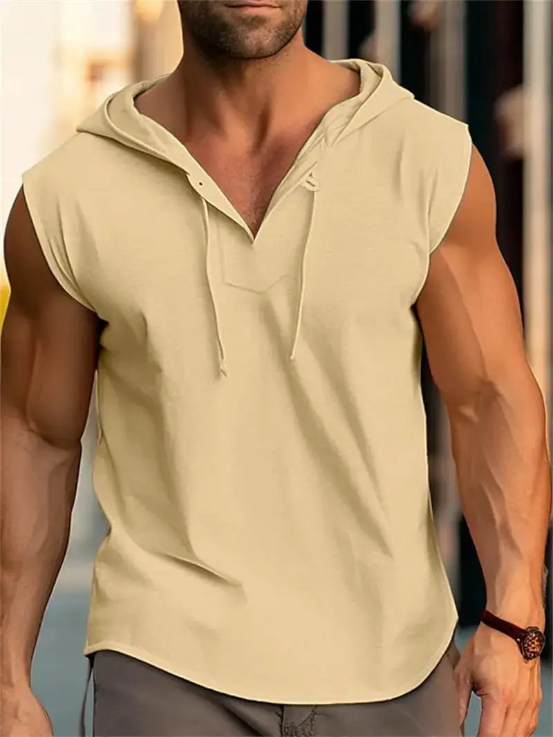 White men's sleeveless fitness sports vest with drawstring hood, designed for active wear by Dropshipman.