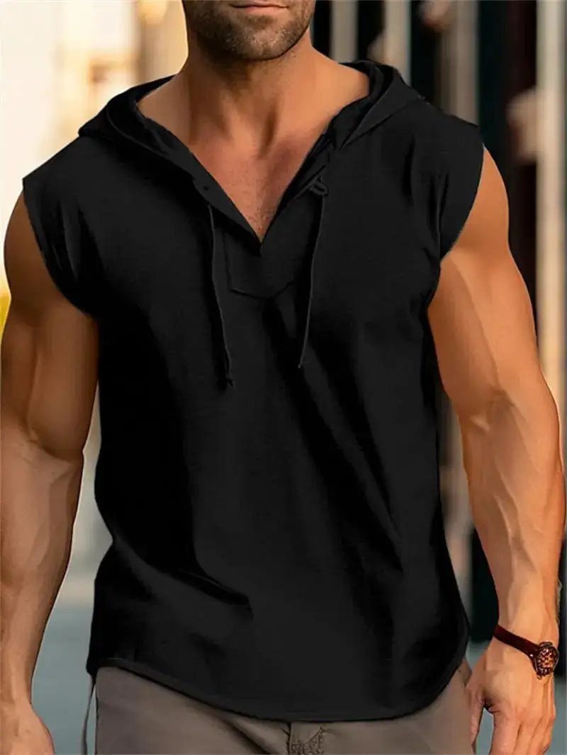 White men's sleeveless fitness sports hooded vest with drawstring, designed for active wear by Dropshipman.